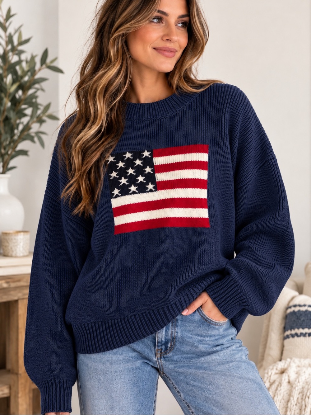 Zenana Navy Crewneck Sweater with Flag - Picture 1 of 1